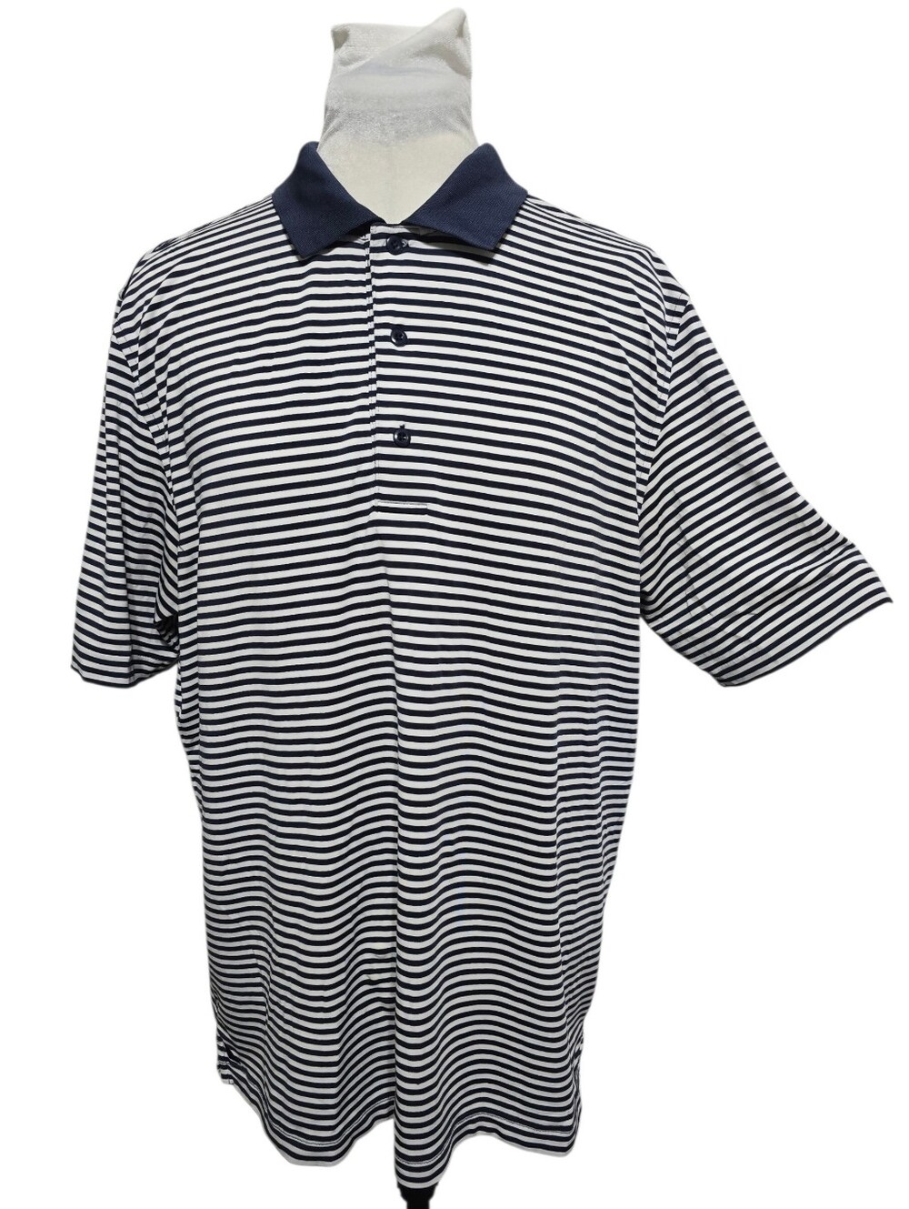 UNTUCKit Striped Jersey Performance Polo Shirt Navy White L Golf Casual Preppy